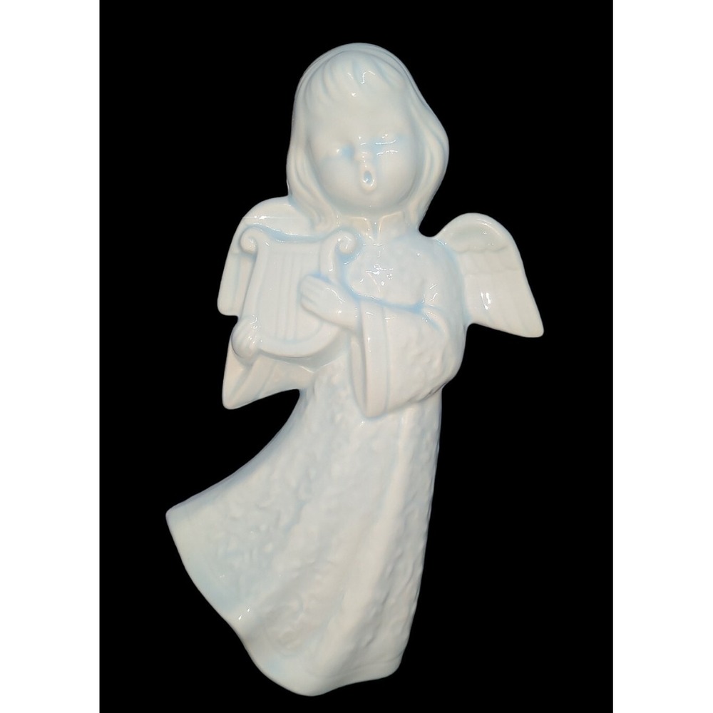 Vintage 8-in Ceramic Angel Girl Playing Harp Mid-century figurine‎ Light Blue